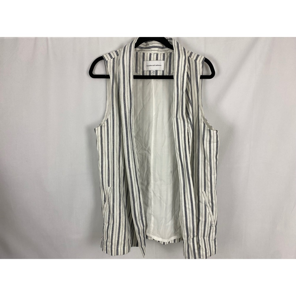 Cupcakes and Cashmere Women Striped Longline Open Front Vest White Navy Blue‎ M
